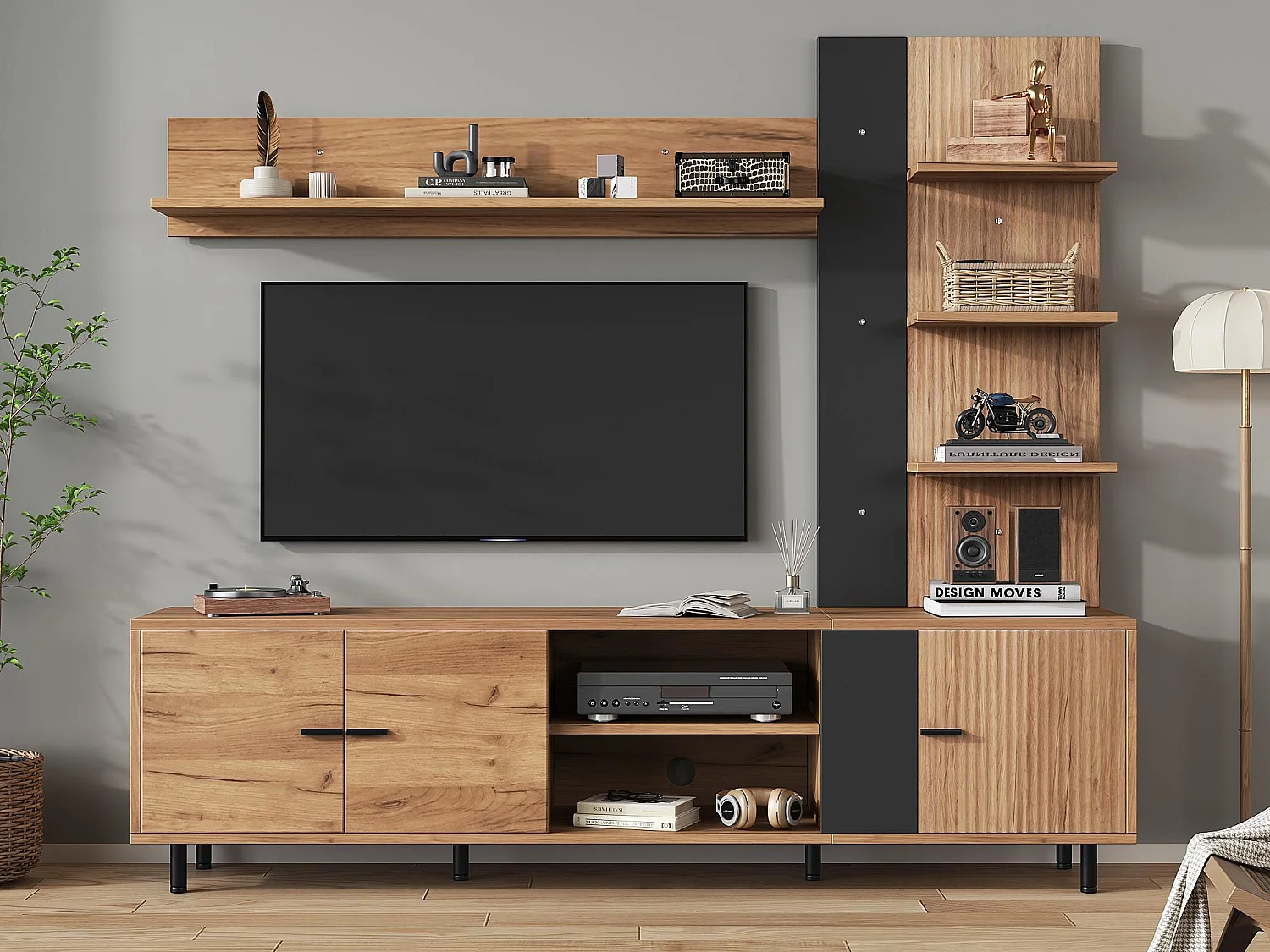 Ensemble meuble TV 187,5x40x167cm - Meuble TV + étagère d'exposition + étagères ouvertes - 3 portes - Panneaux de particules - Naturel et noir