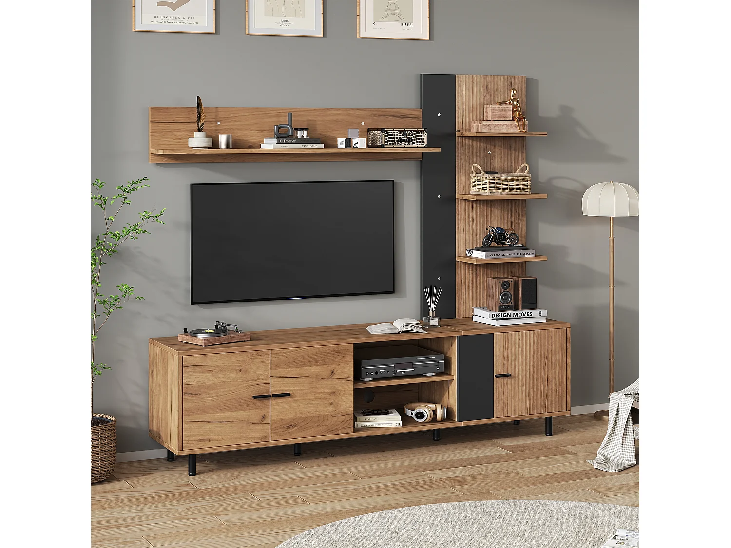 Ensemble meuble TV 187,5x40x167cm - Meuble TV + étagère d'exposition + étagères ouvertes - 3 portes - Panneaux de particules - Naturel et noir