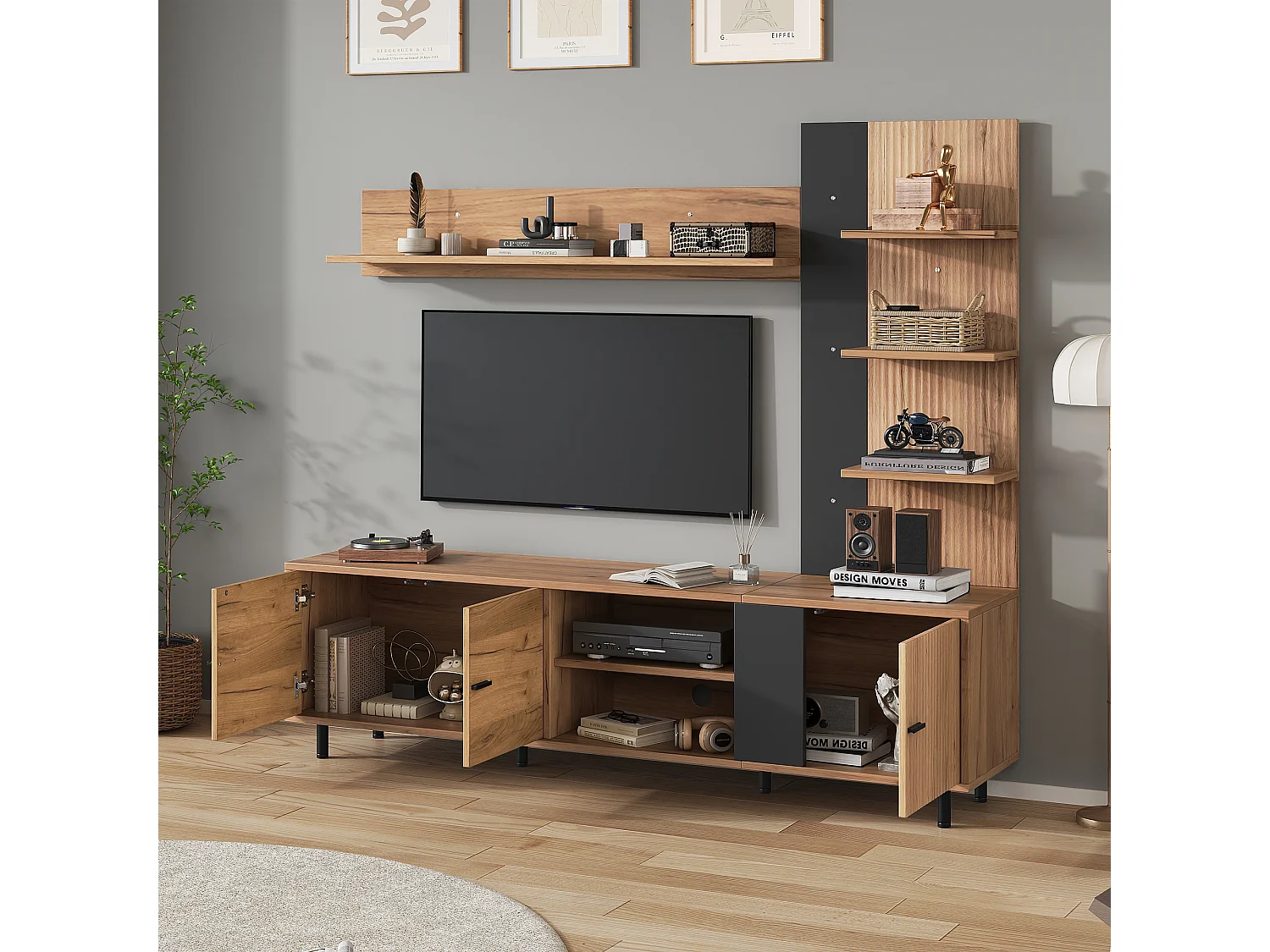 Ensemble meuble TV 187,5x40x167cm - Meuble TV + étagère d'exposition + étagères ouvertes - 3 portes - Panneaux de particules - Naturel et noir