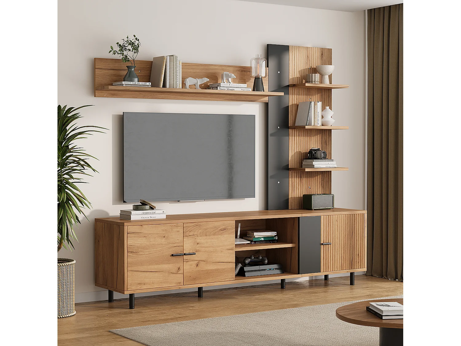 Ensemble meuble TV 187,5x40x167cm - Meuble TV + étagère d'exposition + étagères ouvertes - 3 portes - Panneaux de particules - Naturel et noir