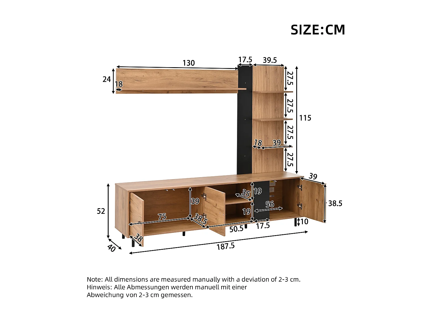 Ensemble meuble TV 187,5x40x167cm - Meuble TV + étagère d'exposition + étagères ouvertes - 3 portes - Panneaux de particules - Naturel et noir