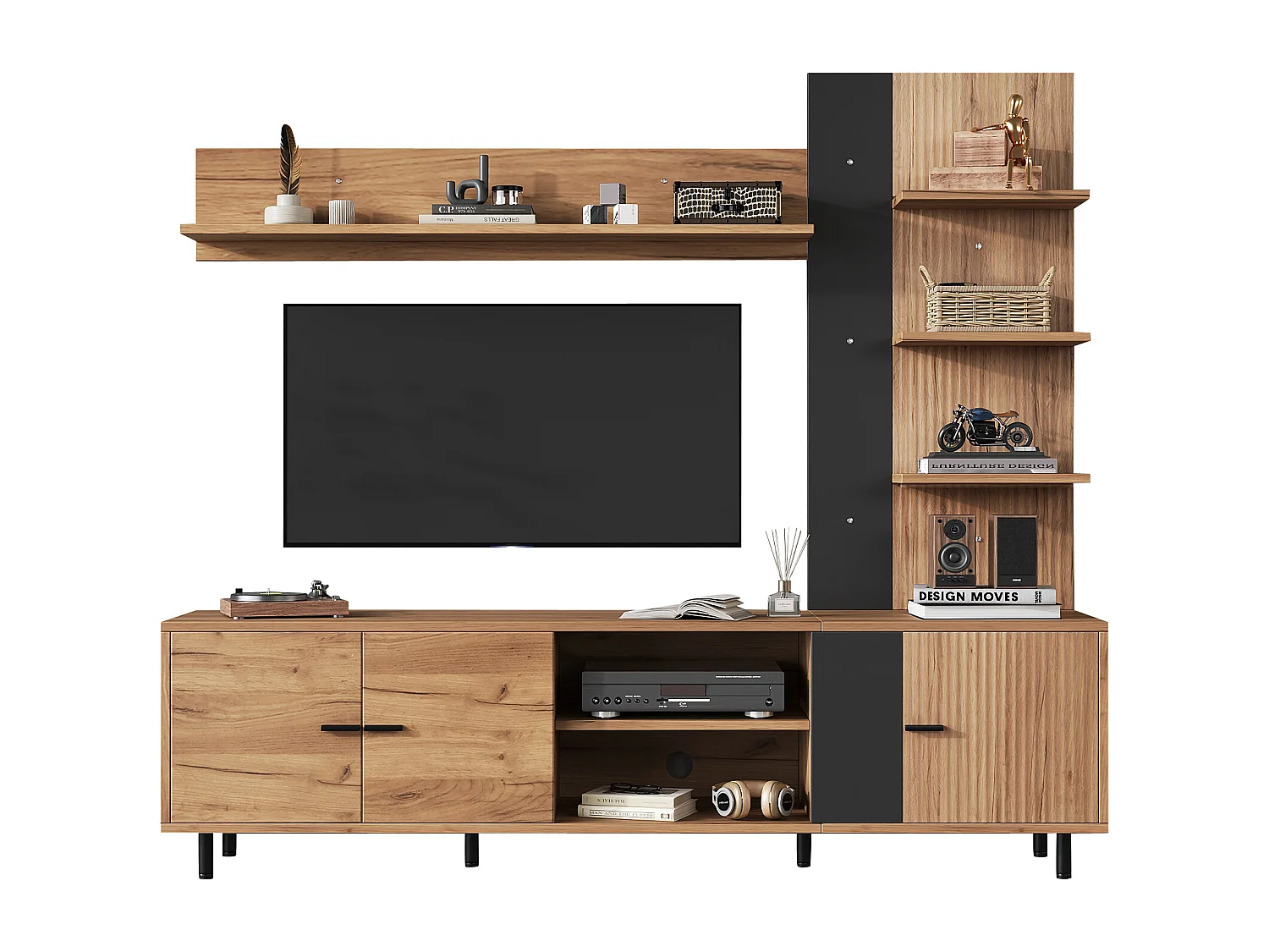 Ensemble meuble TV 187,5x40x167cm - Meuble TV + étagère d'exposition + étagères ouvertes - 3 portes - Panneaux de particules - Naturel et noir