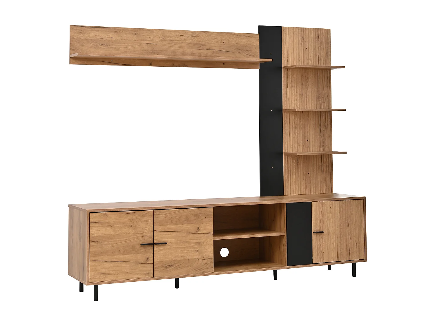 Ensemble meuble TV 187,5x40x167cm - Meuble TV + étagère d'exposition + étagères ouvertes - 3 portes - Panneaux de particules - Naturel et noir