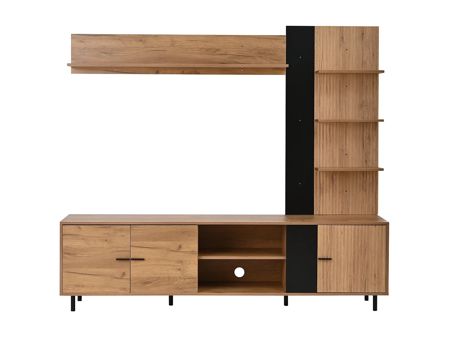 Ensemble meuble TV 187,5x40x167cm - Meuble TV + étagère d'exposition + étagères ouvertes - 3 portes - Panneaux de particules - Naturel et noir