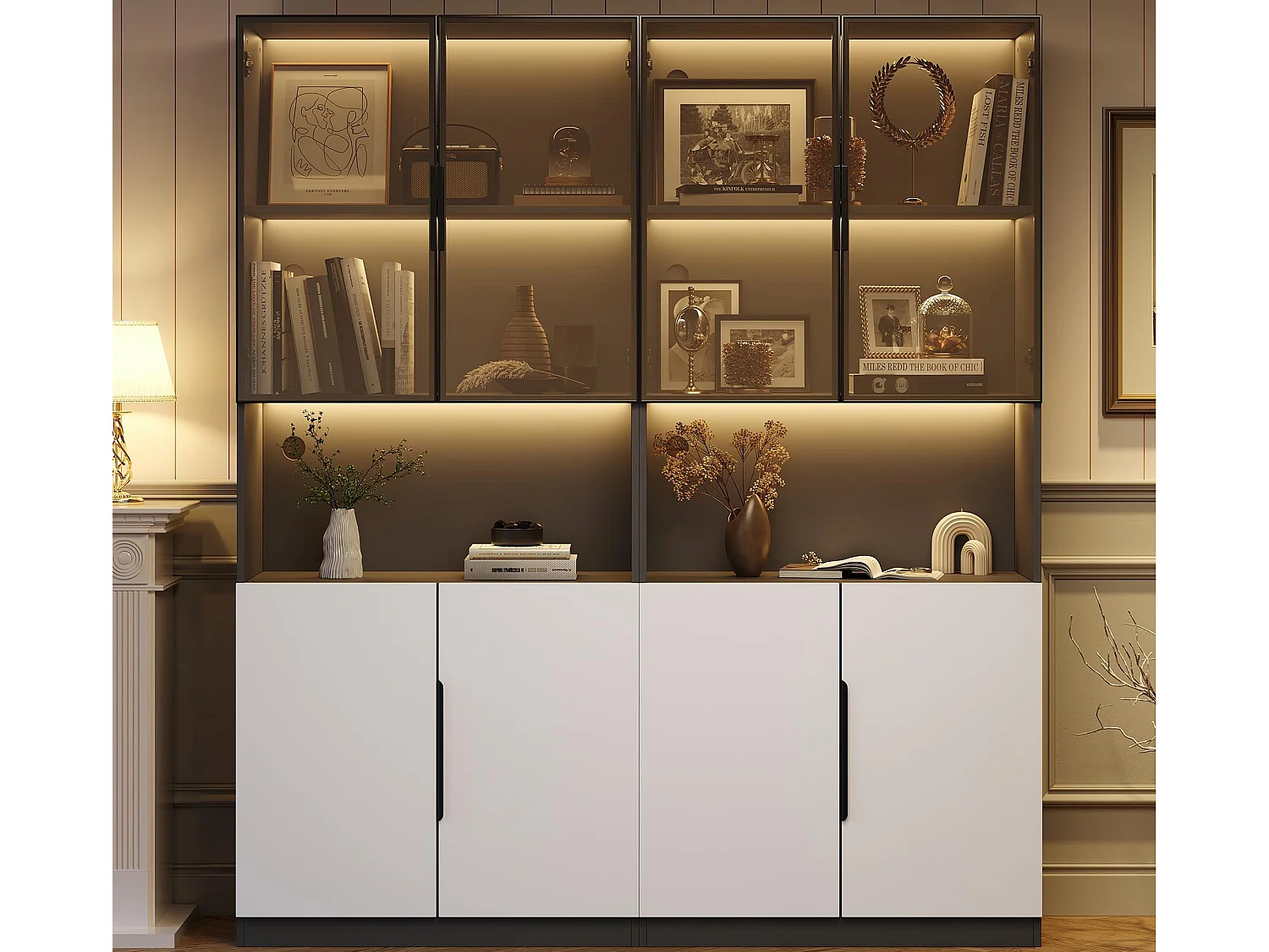 Vitrine 160x30x200 cm mit LED - 8 Türen (4 Glastüren) - Weiß & Schwarz