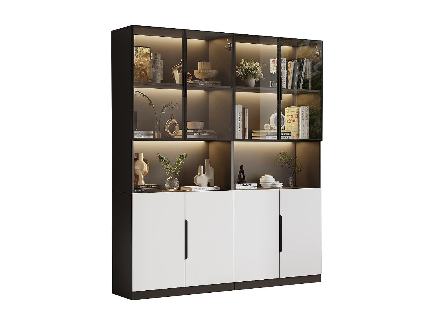 Vitrine 160x30x200 cm mit LED - 8 Türen (4 Glastüren) - Weiß & Schwarz