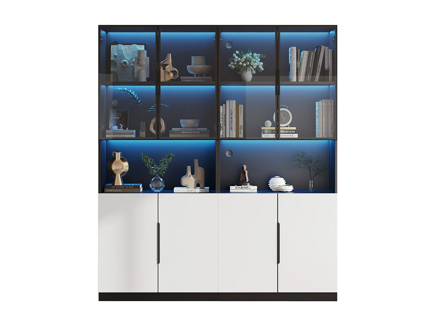 Vitrine 160x30x200 cm mit LED - 8 Türen (4 Glastüren) - Weiß & Schwarz