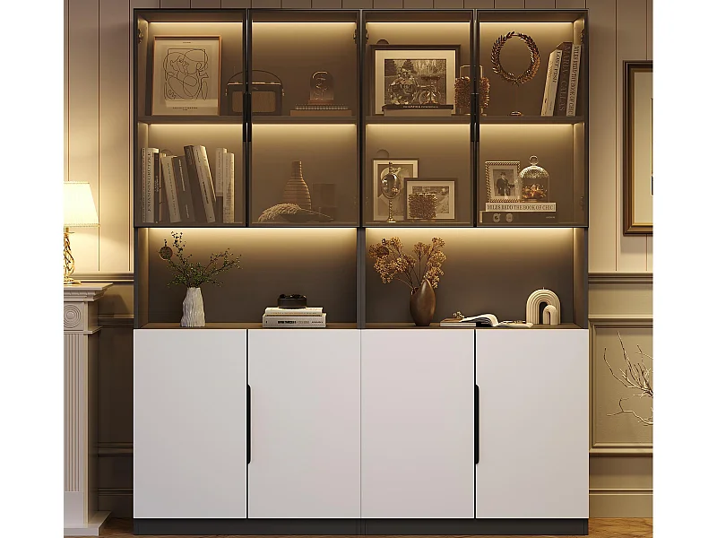 Vitrine 160x30x200 cm mit LED - 8 Türen (4 Glastüren) - Weiß & Schwarz