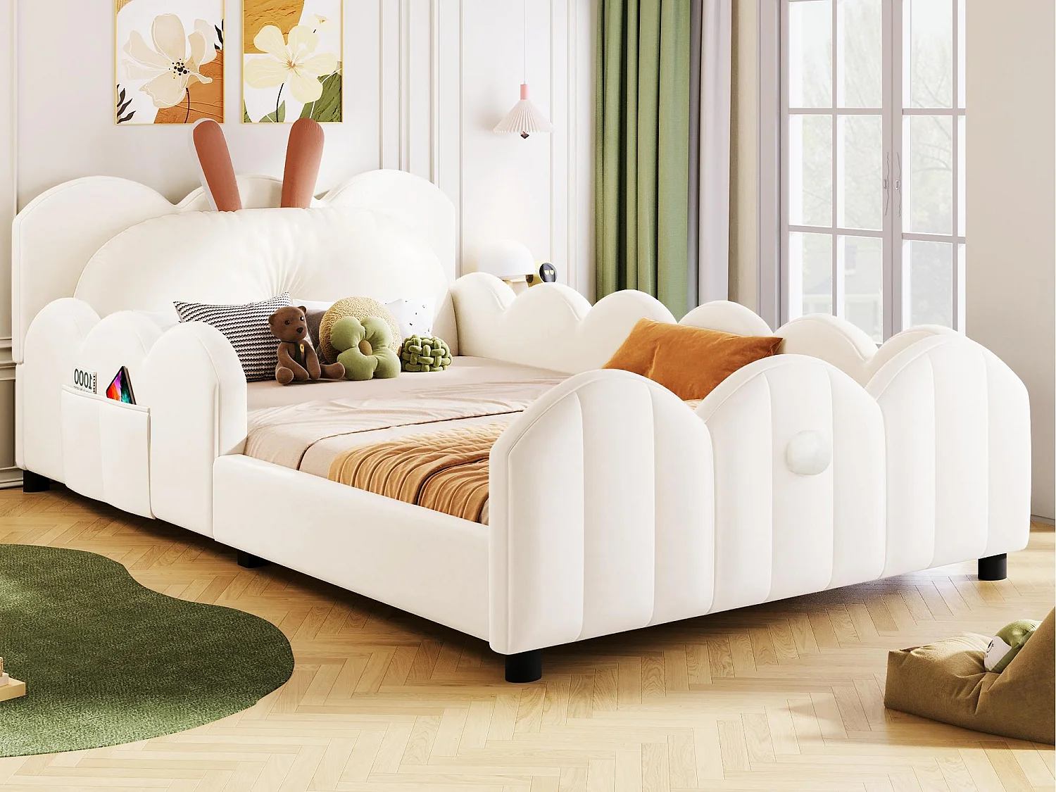 Lit enfant rembourré 90x200 cm - coussins en forme de lapin - avec sommier à lattes - MDF + velours - Beige (Matelas non inclus)