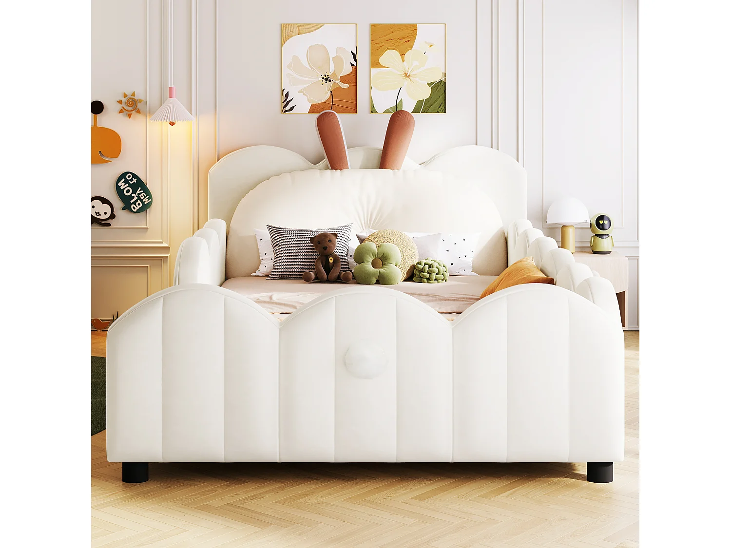 Lit enfant rembourré 90x200 cm - coussins en forme de lapin - avec sommier à lattes - MDF + velours - Beige (Matelas non inclus)