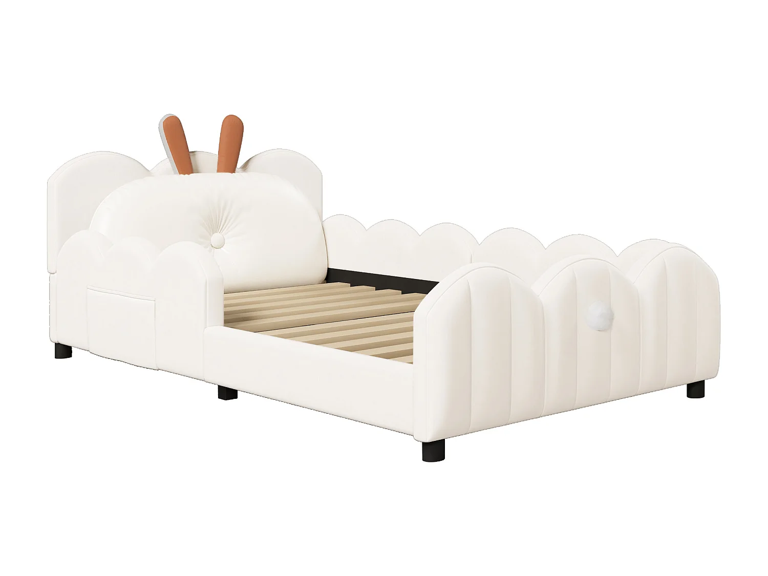 Lit enfant rembourré 90x200 cm - coussins en forme de lapin - avec sommier à lattes - MDF + velours - Beige (Matelas non inclus)
