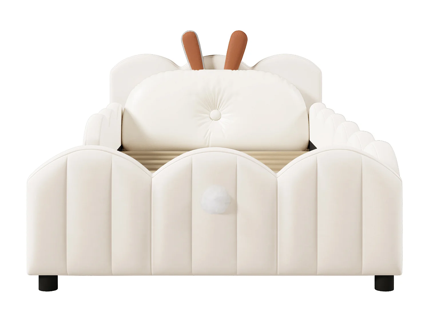 Lit enfant rembourré 90x200 cm - coussins en forme de lapin - avec sommier à lattes - MDF + velours - Beige (Matelas non inclus)