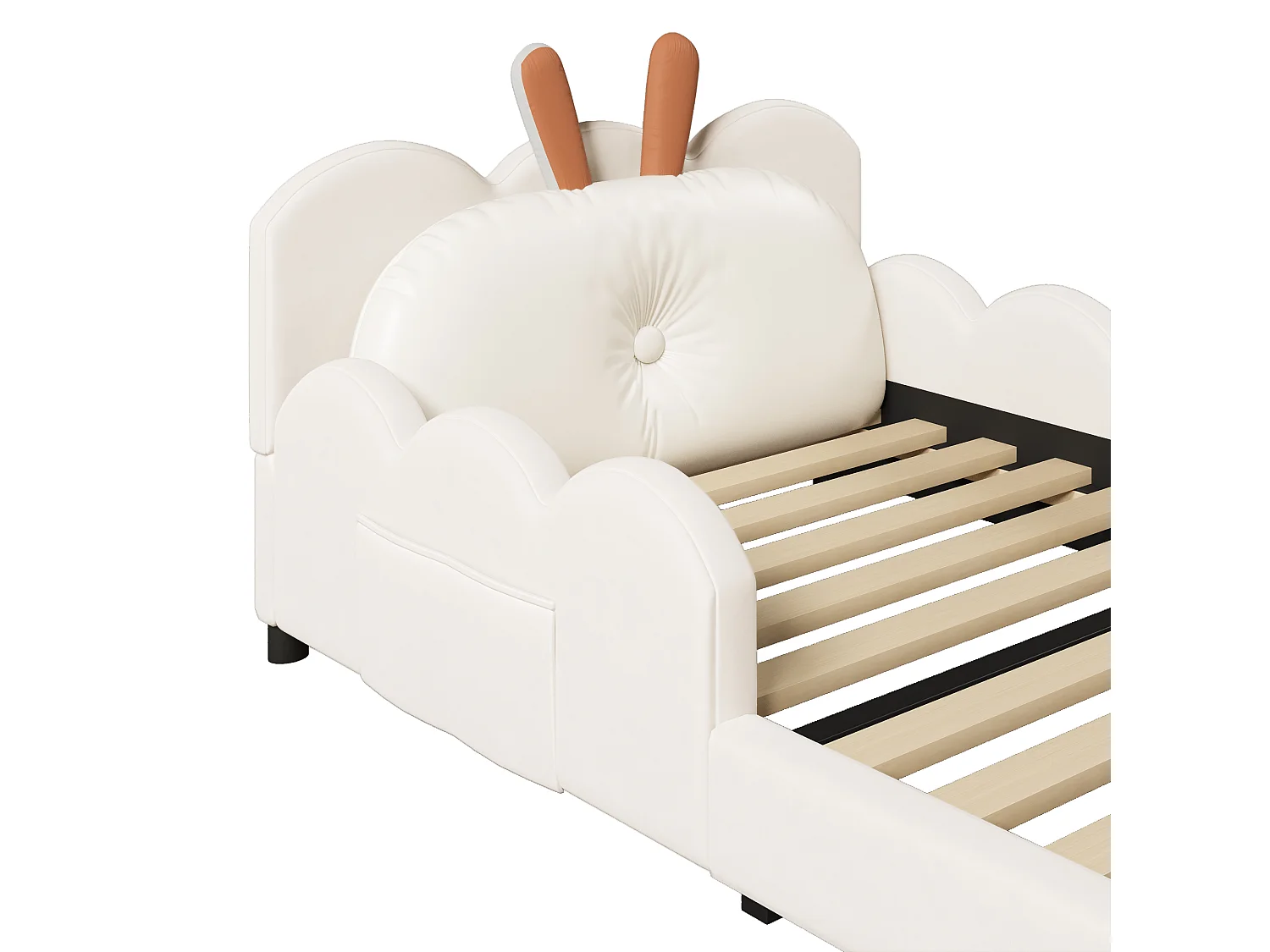 Lit enfant rembourré 90x200 cm - coussins en forme de lapin - avec sommier à lattes - MDF + velours - Beige (Matelas non inclus)