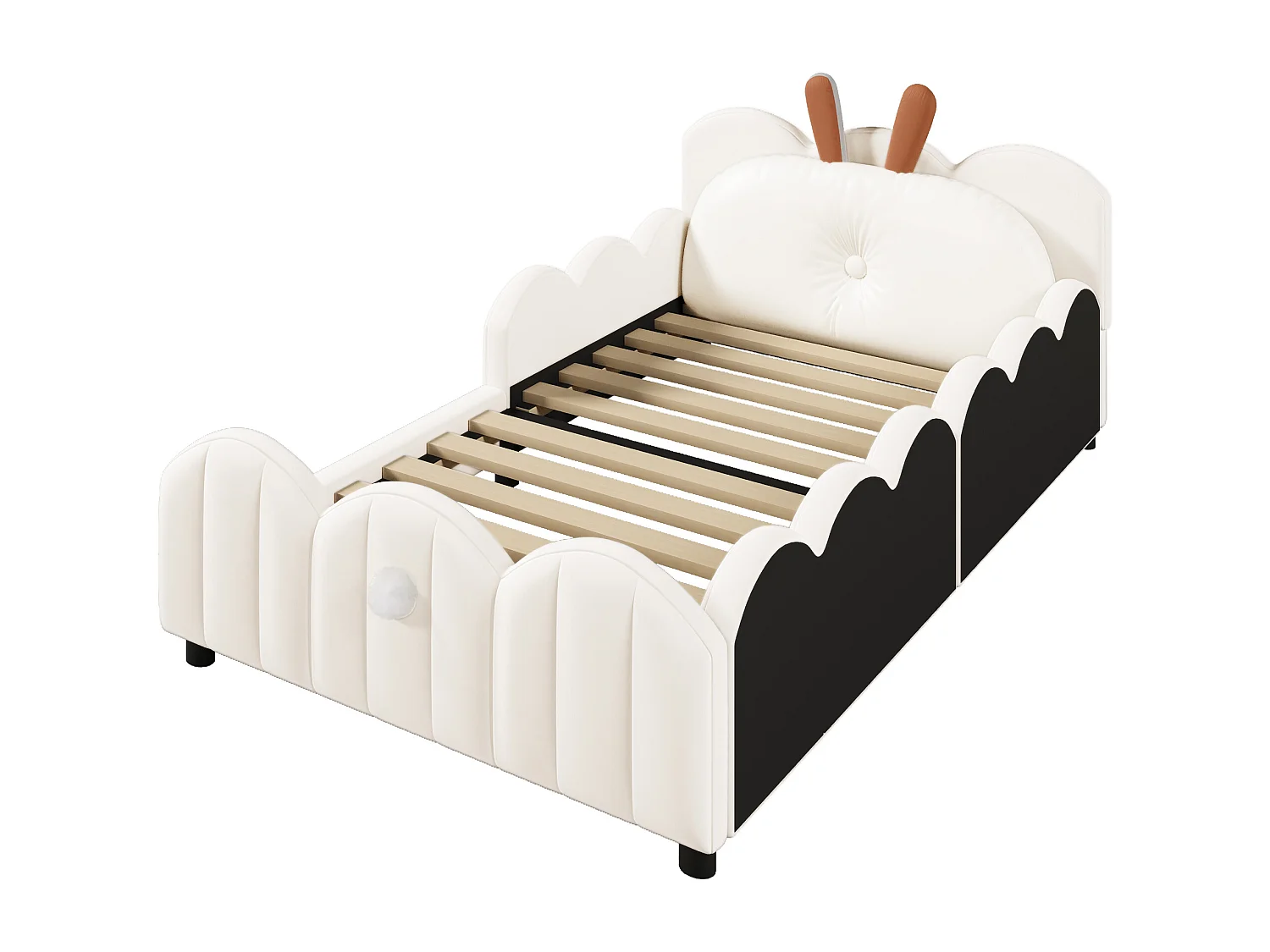 Lit enfant rembourré 90x200 cm - coussins en forme de lapin - avec sommier à lattes - MDF + velours - Beige (Matelas non inclus)