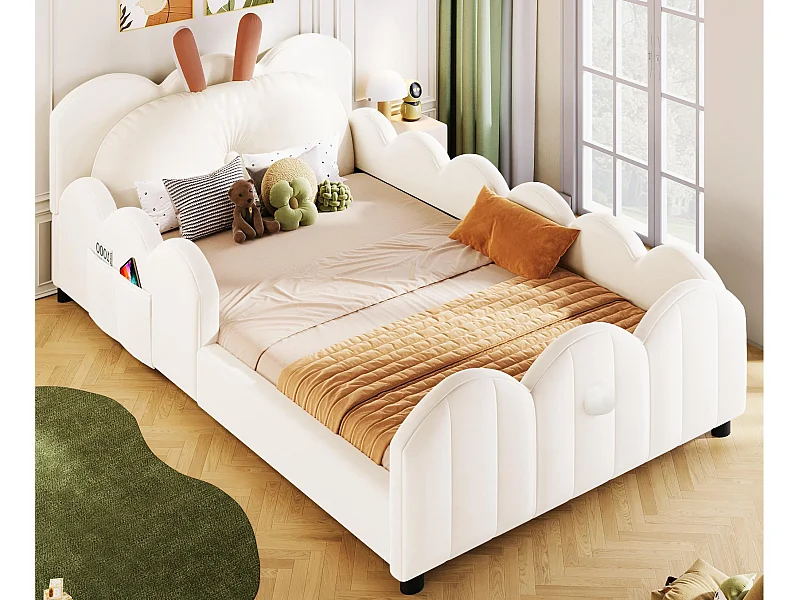 Lit enfant rembourré 90x200 cm - coussins en forme de lapin - avec sommier à lattes - MDF + velours - Beige (Matelas non inclus)