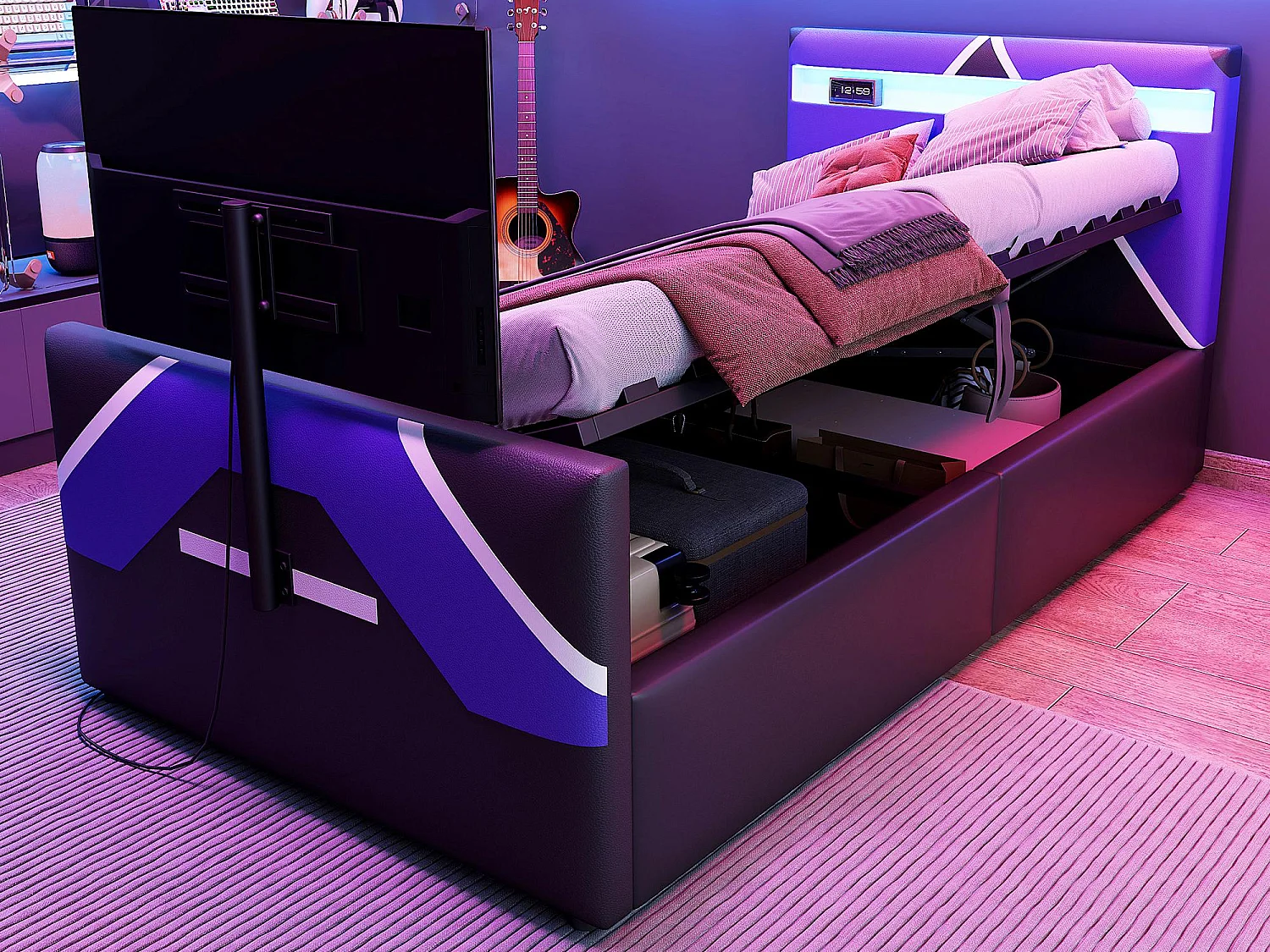 Lit coffre enfant 90x200cm - style e-sport - avec lumières LED - avec support TV intégré - noir + bleu (matelas non inclus)