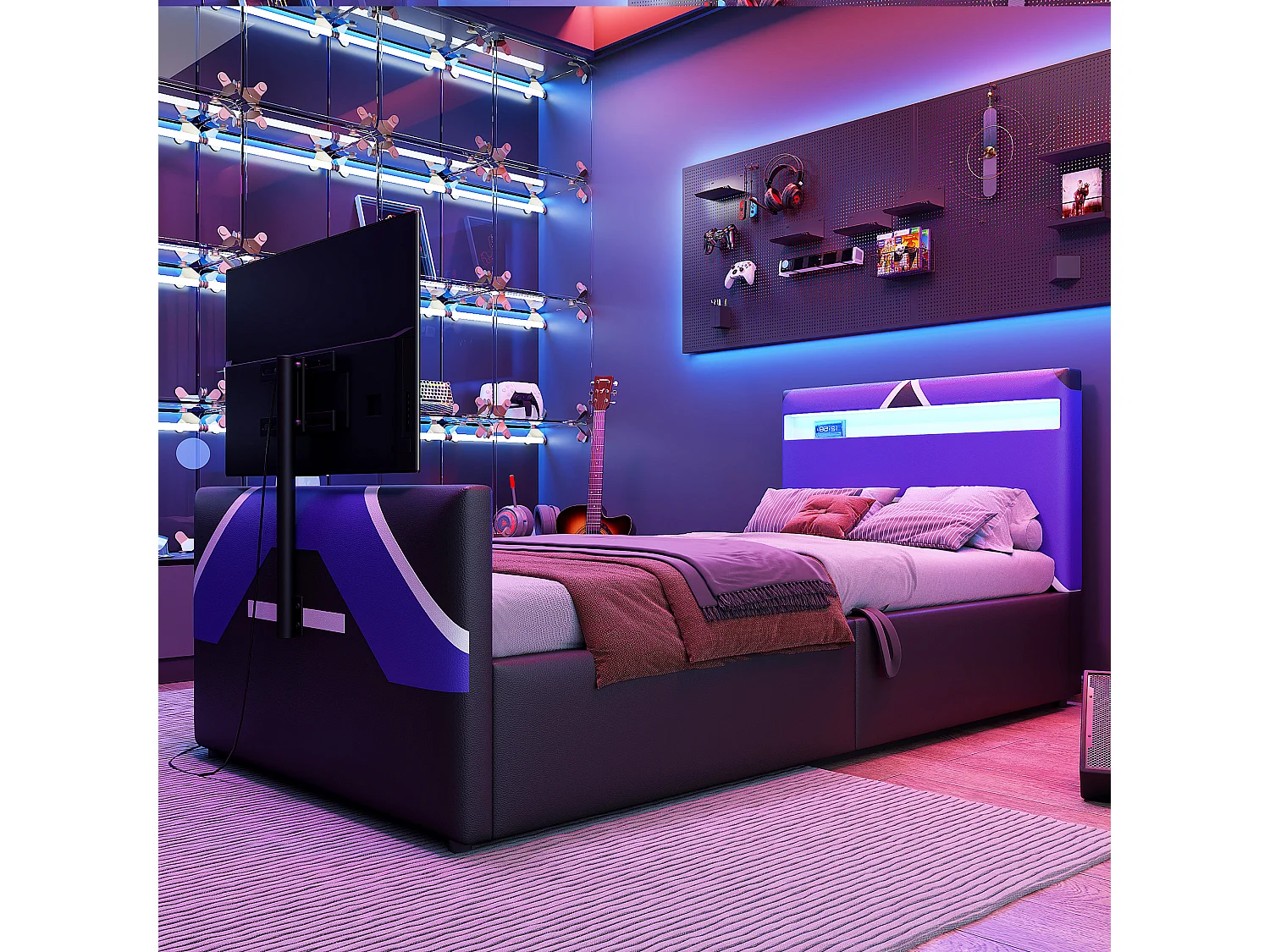 Lit coffre enfant 90x200cm - style e-sport - avec lumières LED - avec support TV intégré - noir + bleu (matelas non inclus)