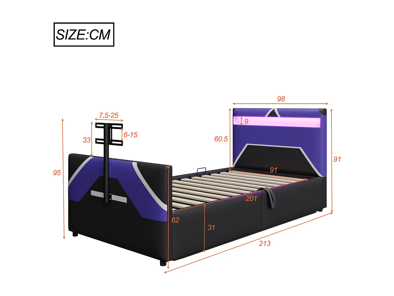 Lit coffre enfant 90x200cm - style e-sport - avec lumières LED - avec support TV intégré - noir + bleu (matelas non inclus)