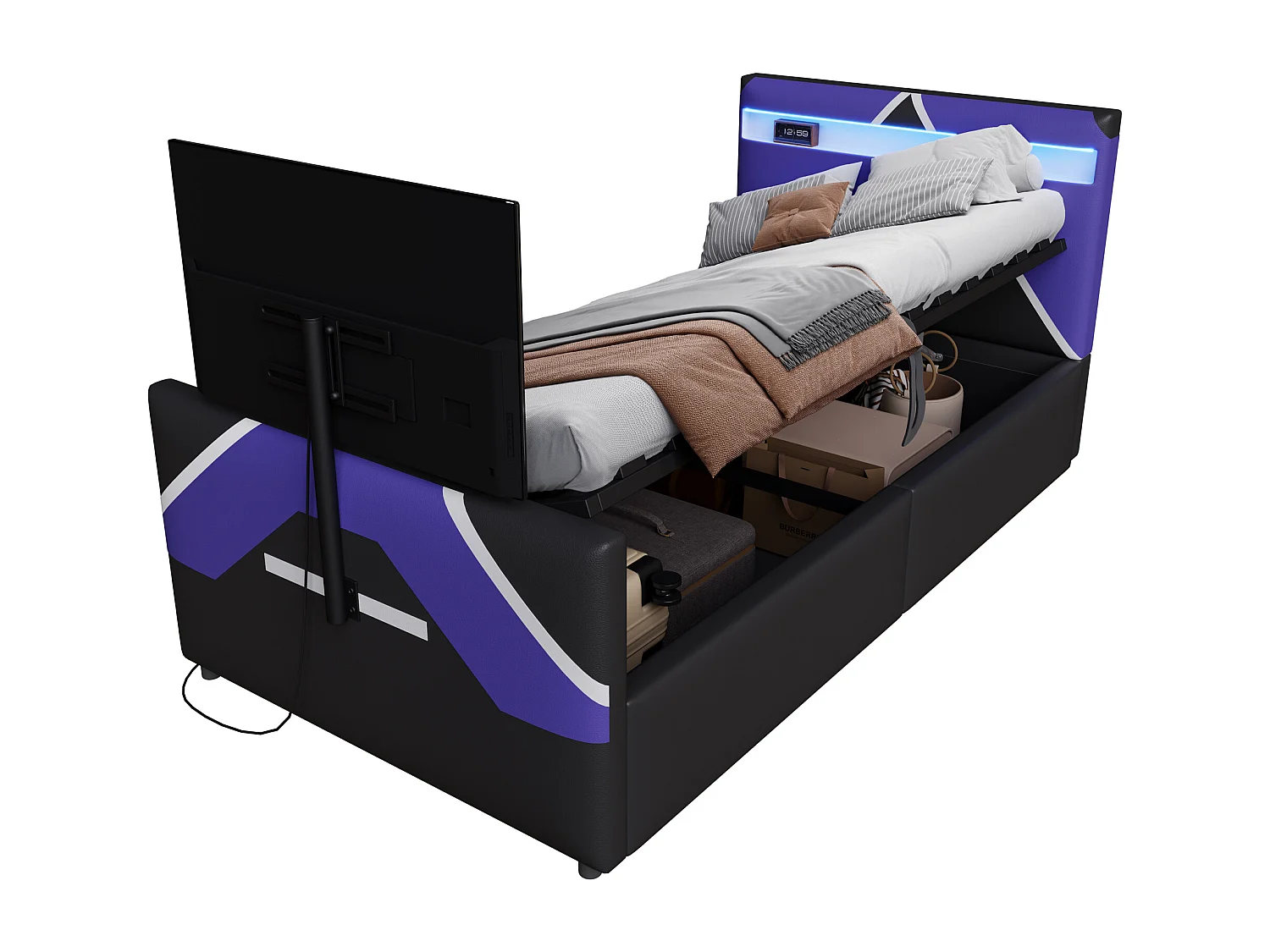 Lit coffre enfant 90x200cm - style e-sport - avec lumières LED - avec support TV intégré - noir + bleu (matelas non inclus)