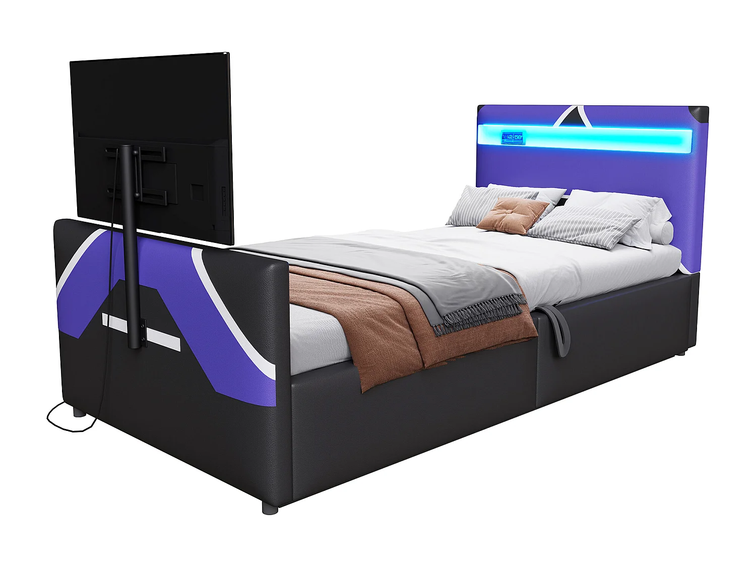 Lit coffre enfant 90x200cm - style e-sport - avec lumières LED - avec support TV intégré - noir + bleu (matelas non inclus)