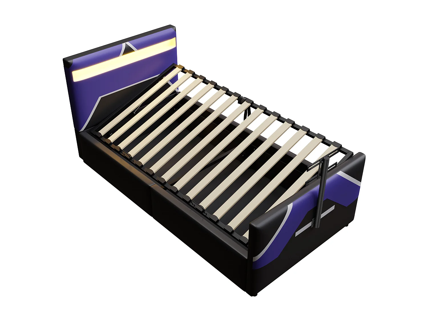 Lit coffre enfant 90x200cm - style e-sport - avec lumières LED - avec support TV intégré - noir + bleu (matelas non inclus)