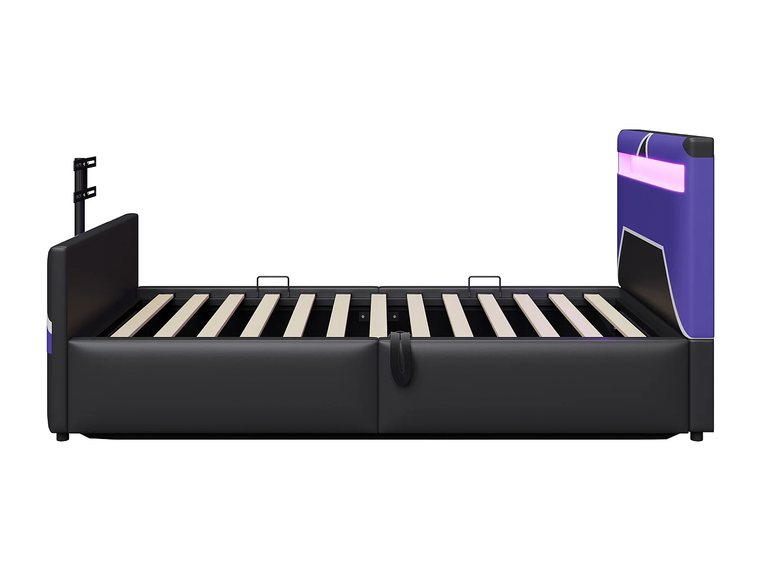 Lit coffre enfant 90x200cm - style e-sport - avec lumières LED - avec support TV intégré - noir + bleu (matelas non inclus)