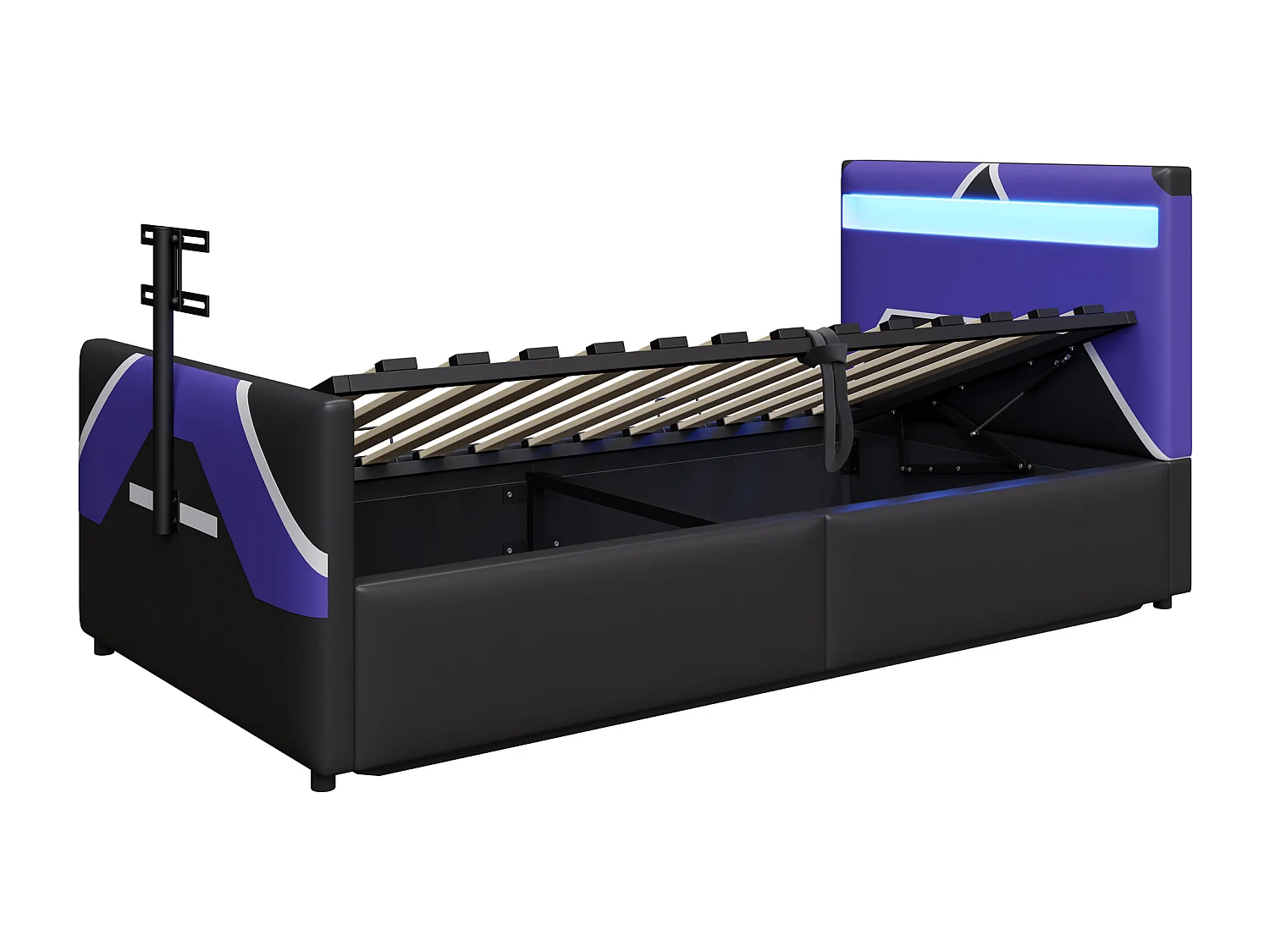 Lit coffre enfant 90x200cm - style e-sport - avec lumières LED - avec support TV intégré - noir + bleu (matelas non inclus)