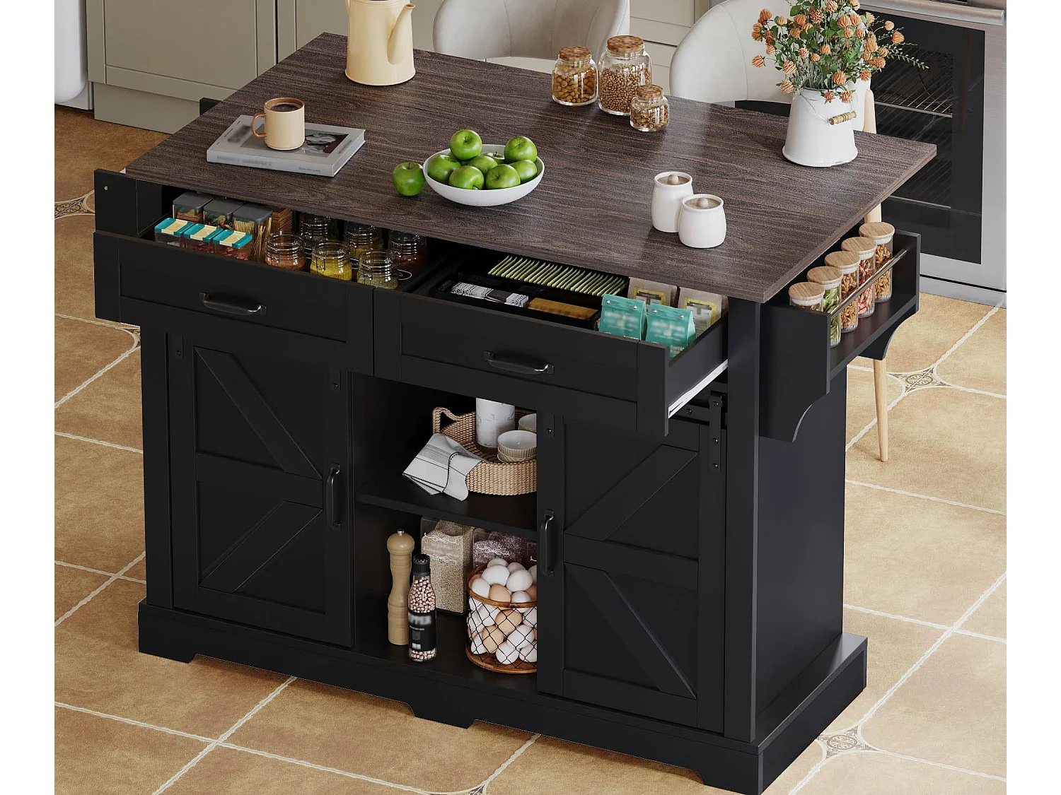 Ilot central de cuisine - plateau extensible - avec porte-serviettes - avec 2 tiroirs et 2 portes - avec roulettes - MDF - Noir