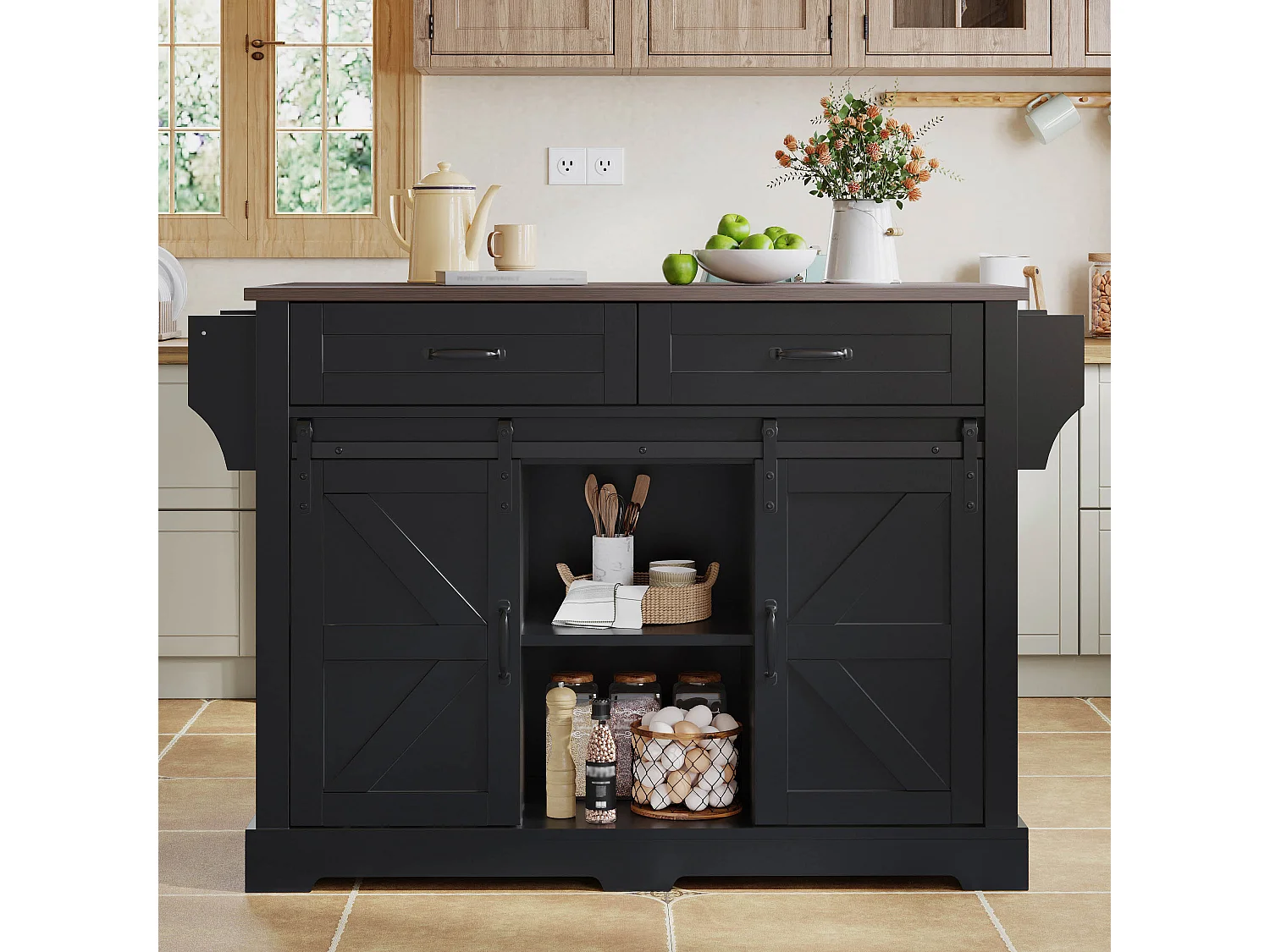 Ilot central de cuisine - plateau extensible - avec porte-serviettes - avec 2 tiroirs et 2 portes - avec roulettes - MDF - Noir