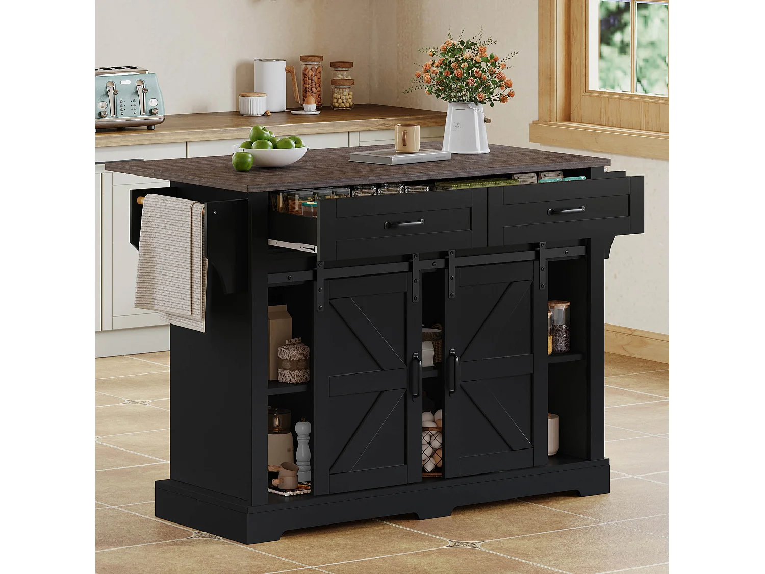 Ilot central de cuisine - plateau extensible - avec porte-serviettes - avec 2 tiroirs et 2 portes - avec roulettes - MDF - Noir