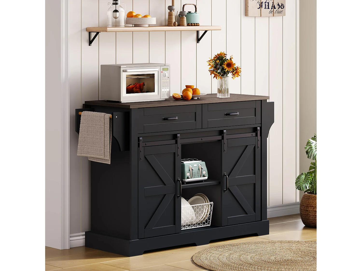 Ilot central de cuisine - plateau extensible - avec porte-serviettes - avec 2 tiroirs et 2 portes - avec roulettes - MDF - Noir