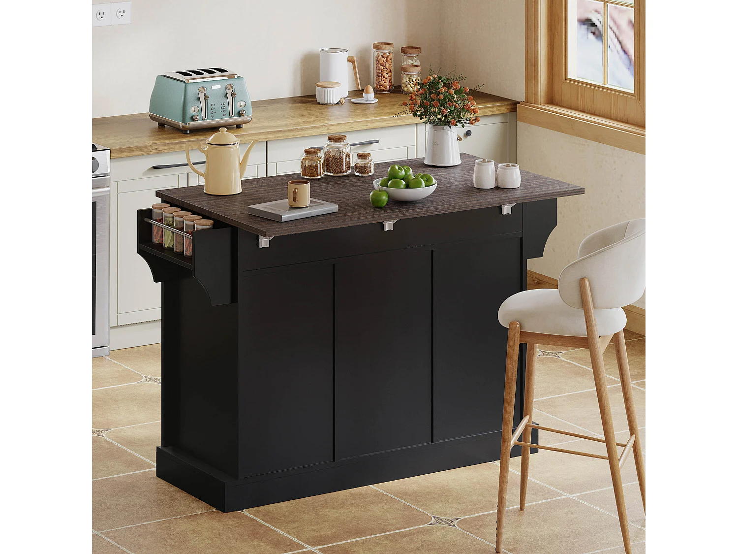 Ilot central de cuisine - plateau extensible - avec porte-serviettes - avec 2 tiroirs et 2 portes - avec roulettes - MDF - Noir