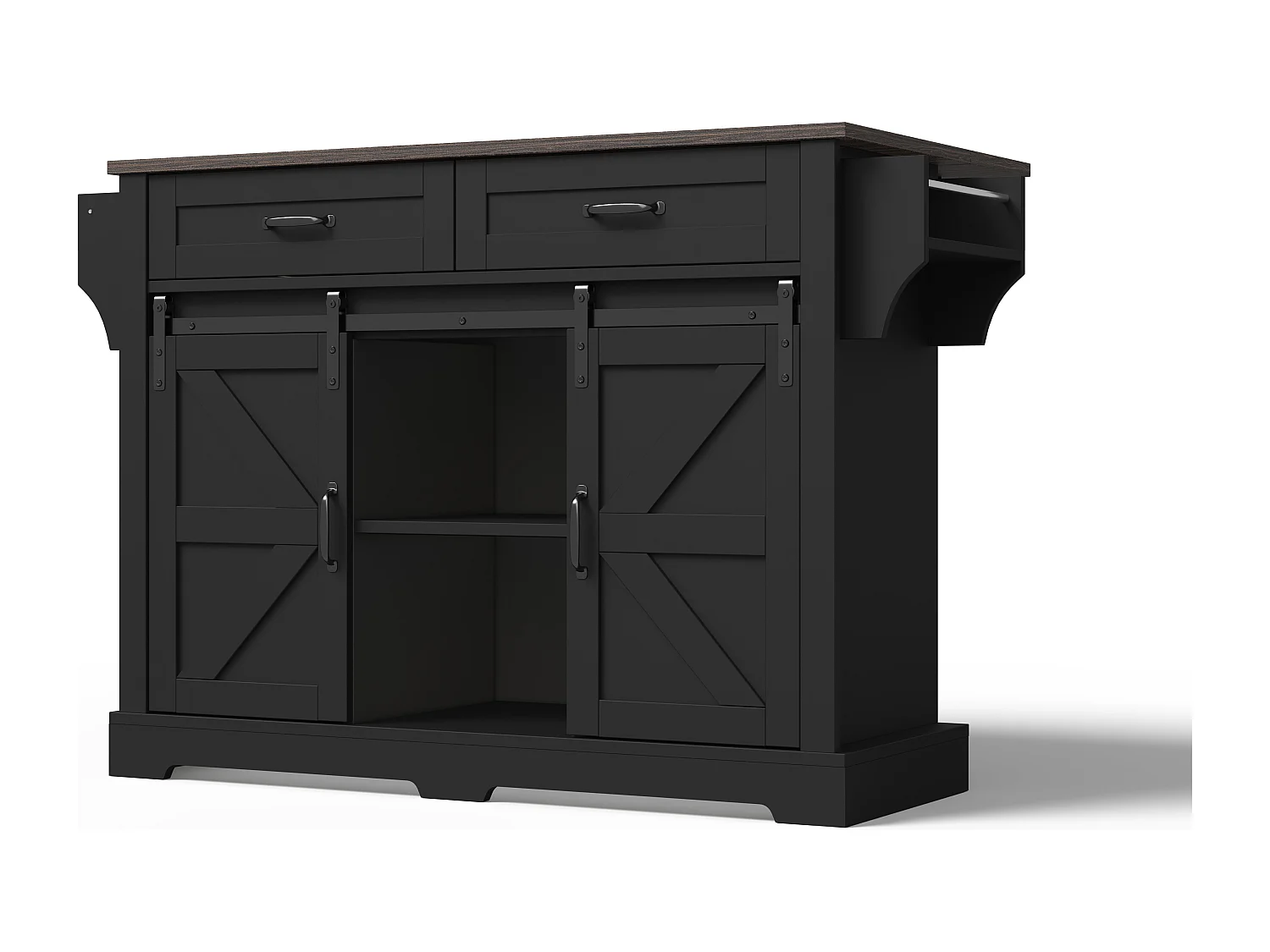 Ilot central de cuisine - plateau extensible - avec porte-serviettes - avec 2 tiroirs et 2 portes - avec roulettes - MDF - Noir