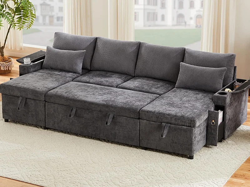 Canapé 4 places - avec porte-gobelets - avec coussins - Chenille et velours côtelé - gris