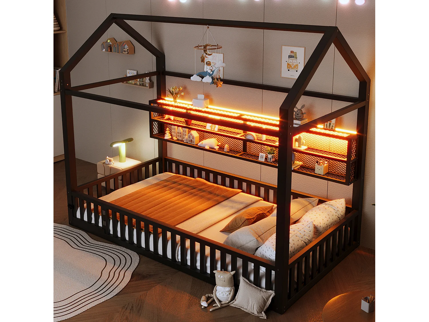 Kinderbett aus Metall 90x200 cm - Haus-Motiv - mit Sicherheitsgitter - mit LED-Lichtern - Schwarz​ (Matratze nicht inbegriffen)