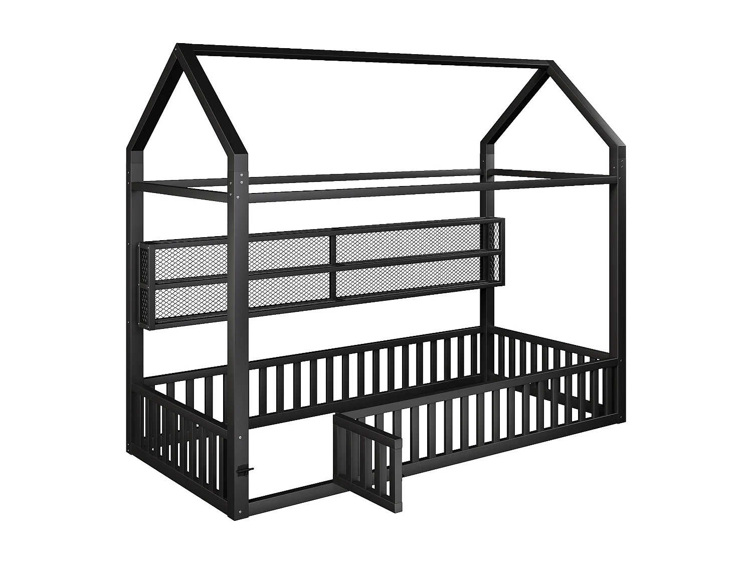 Kinderbett aus Metall 90x200 cm - Haus-Motiv - mit Sicherheitsgitter - mit LED-Lichtern - Schwarz​ (Matratze nicht inbegriffen)