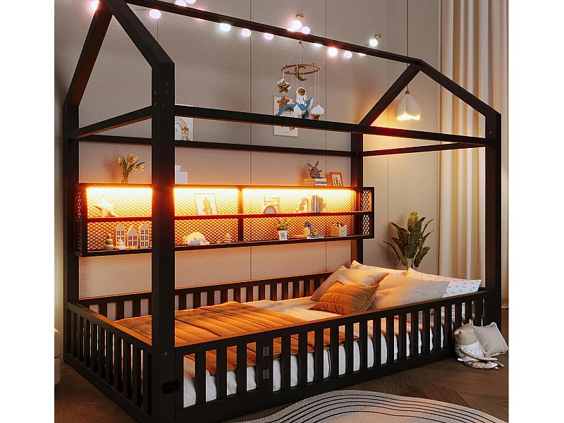 Kinderbett aus Metall 90x200 cm - Haus-Motiv - mit Sicherheitsgitter - mit LED-Lichtern - Schwarz​ (Matratze nicht inbegriffen)