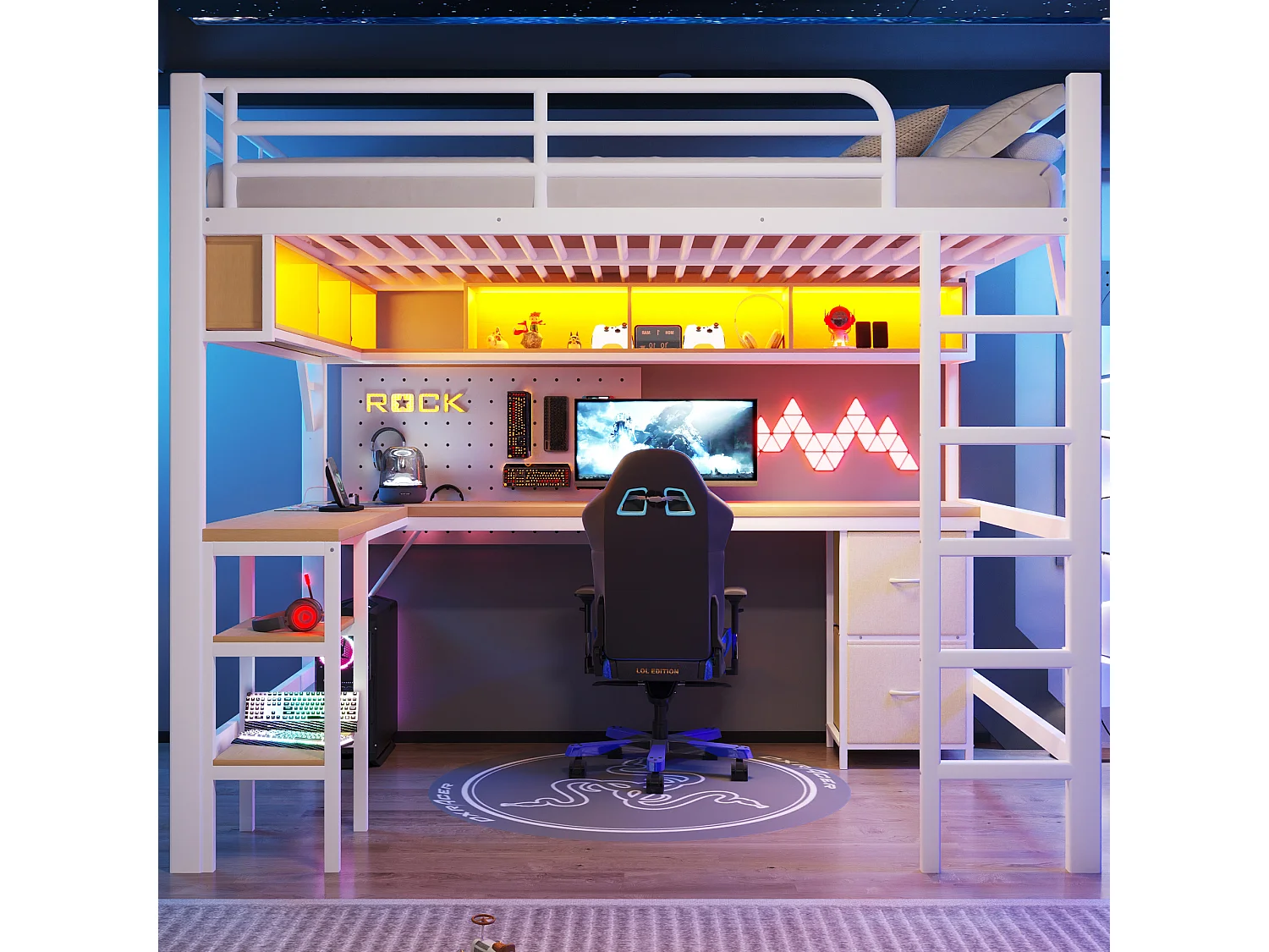 Lit mezzanine en métal 140x200 cm - avec bureau et armoire - avec tiroirs - avec port USB et LED - Blanc ( sans matelas )