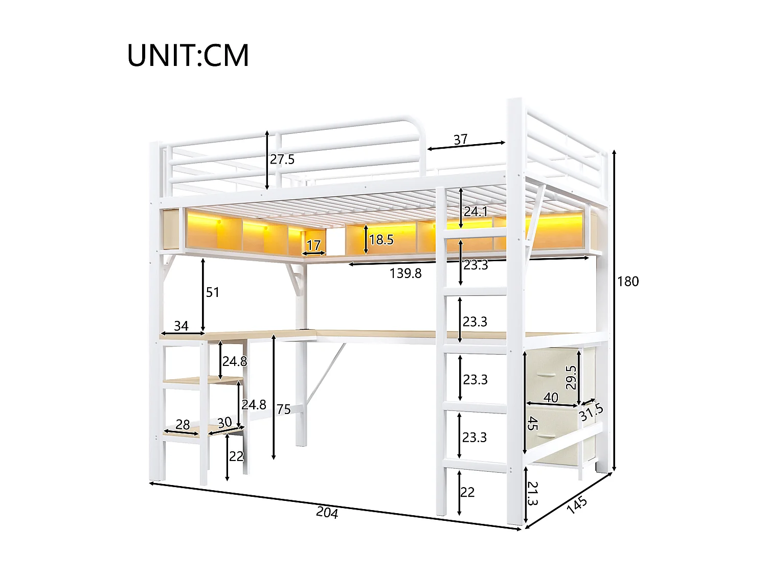 Lit mezzanine en métal 140x200 cm - avec bureau et armoire - avec tiroirs - avec port USB et LED - Blanc ( sans matelas )