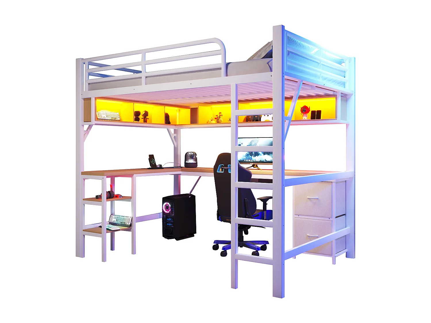 Lit mezzanine en métal 140x200 cm - avec bureau et armoire - avec tiroirs - avec port USB et LED - Blanc ( sans matelas )