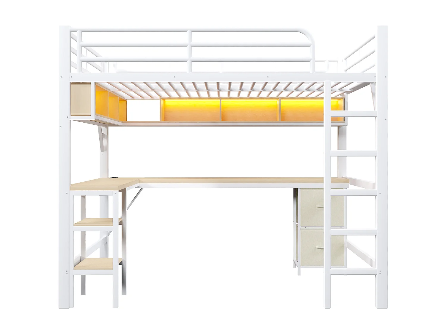Lit mezzanine en métal 140x200 cm - avec bureau et armoire - avec tiroirs - avec port USB et LED - Blanc ( sans matelas )