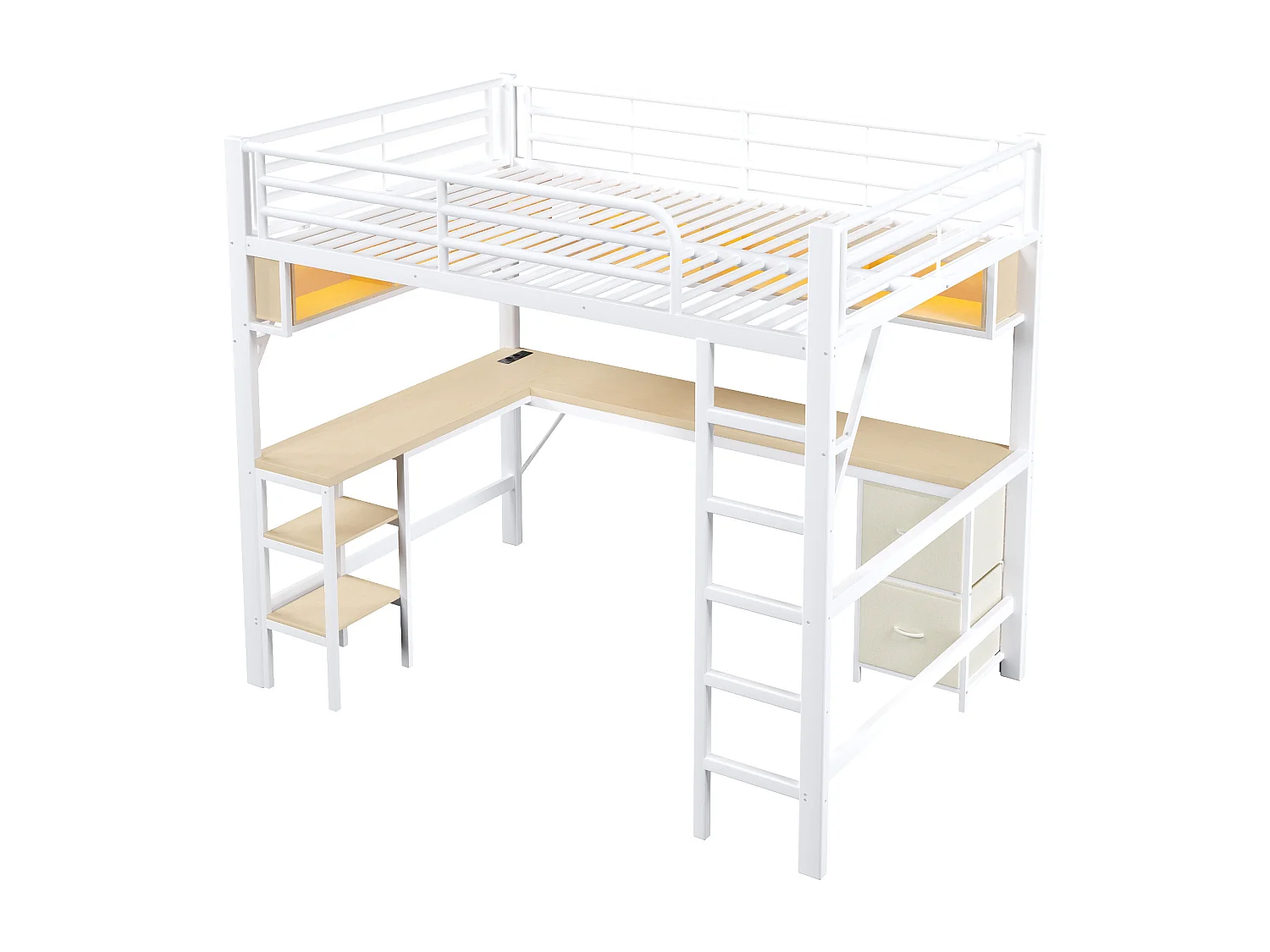Lit mezzanine en métal 140x200 cm - avec bureau et armoire - avec tiroirs - avec port USB et LED - Blanc ( sans matelas )