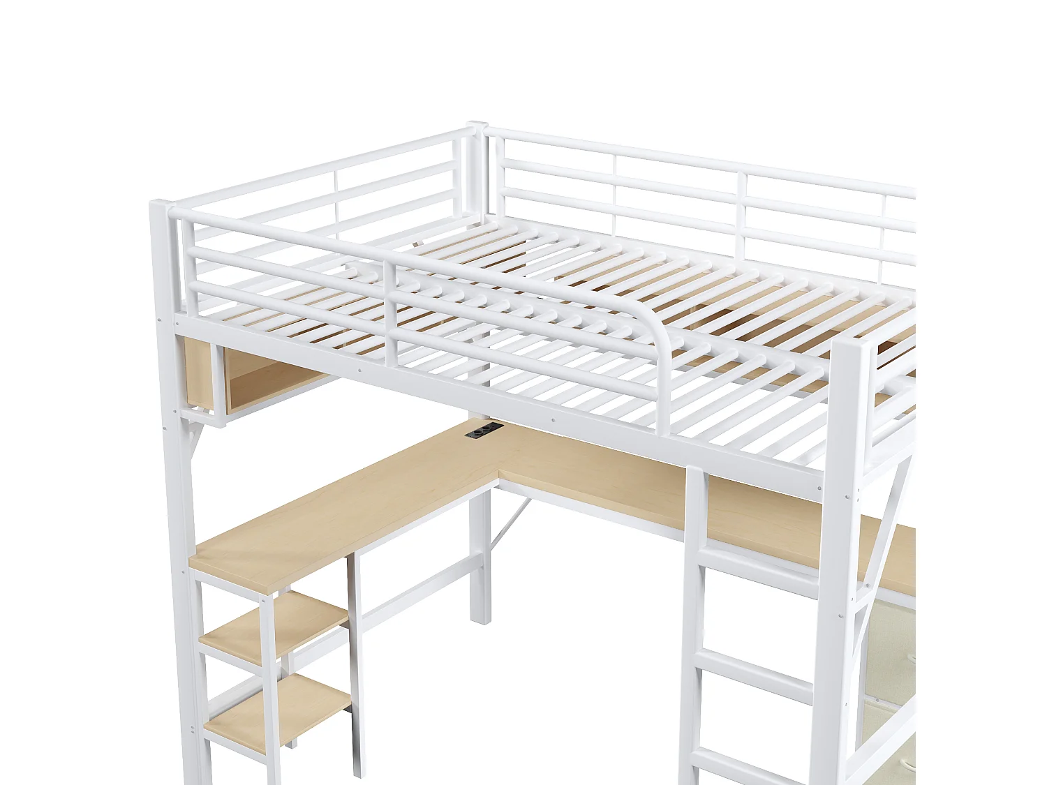Lit mezzanine en métal 140x200 cm - avec bureau et armoire - avec tiroirs - avec port USB et LED - Blanc ( sans matelas )