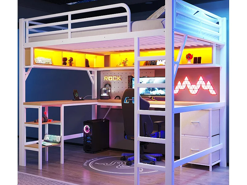 Lit mezzanine en métal 140x200 cm - avec bureau et armoire - avec tiroirs - avec port USB et LED - Blanc ( sans matelas )
