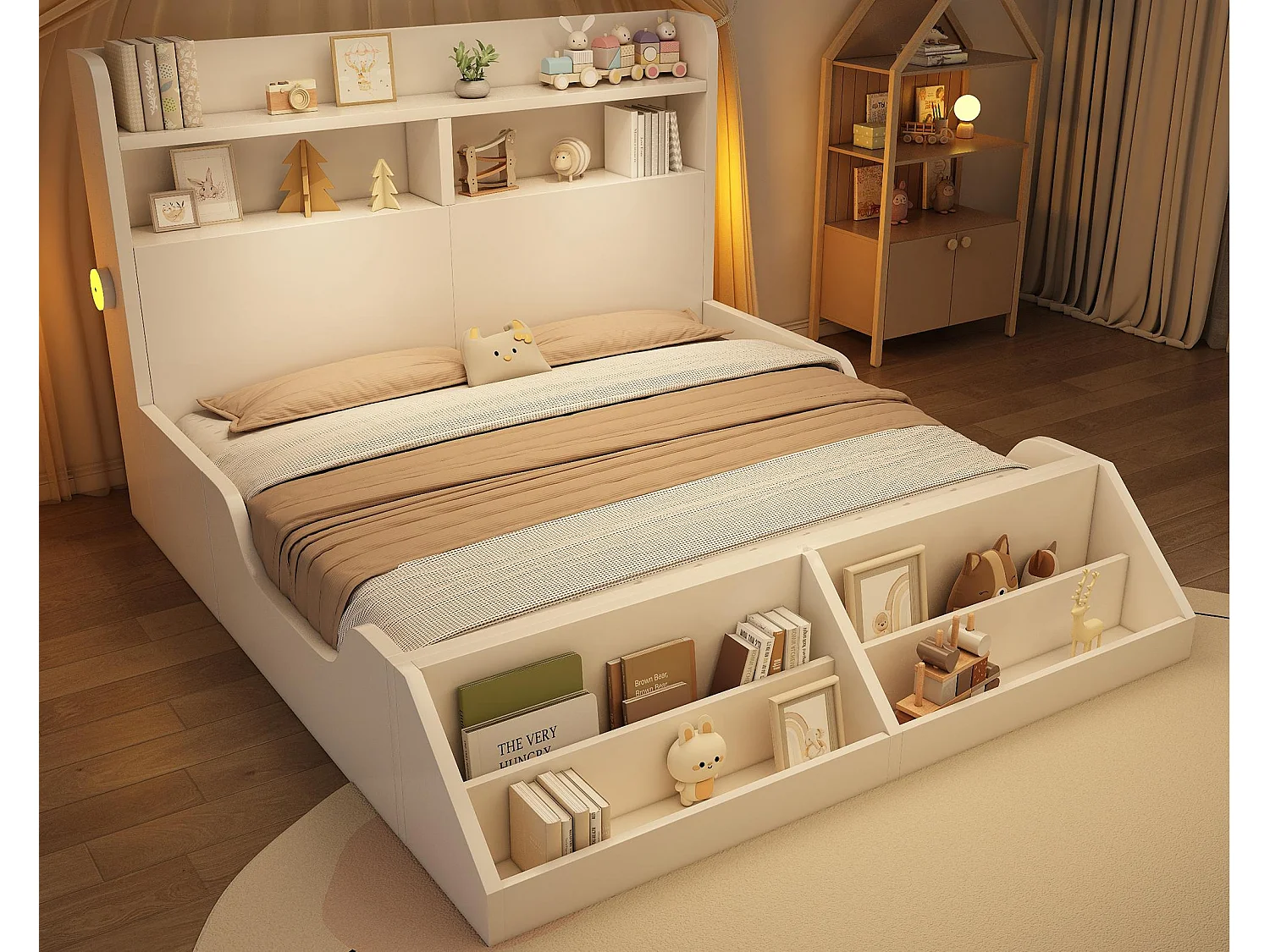 Lit enfant 140x200cm - avec bibliothèque amovible - tête de lit avec étagère - avec veilleuse - Blanc (matelas non inclus)