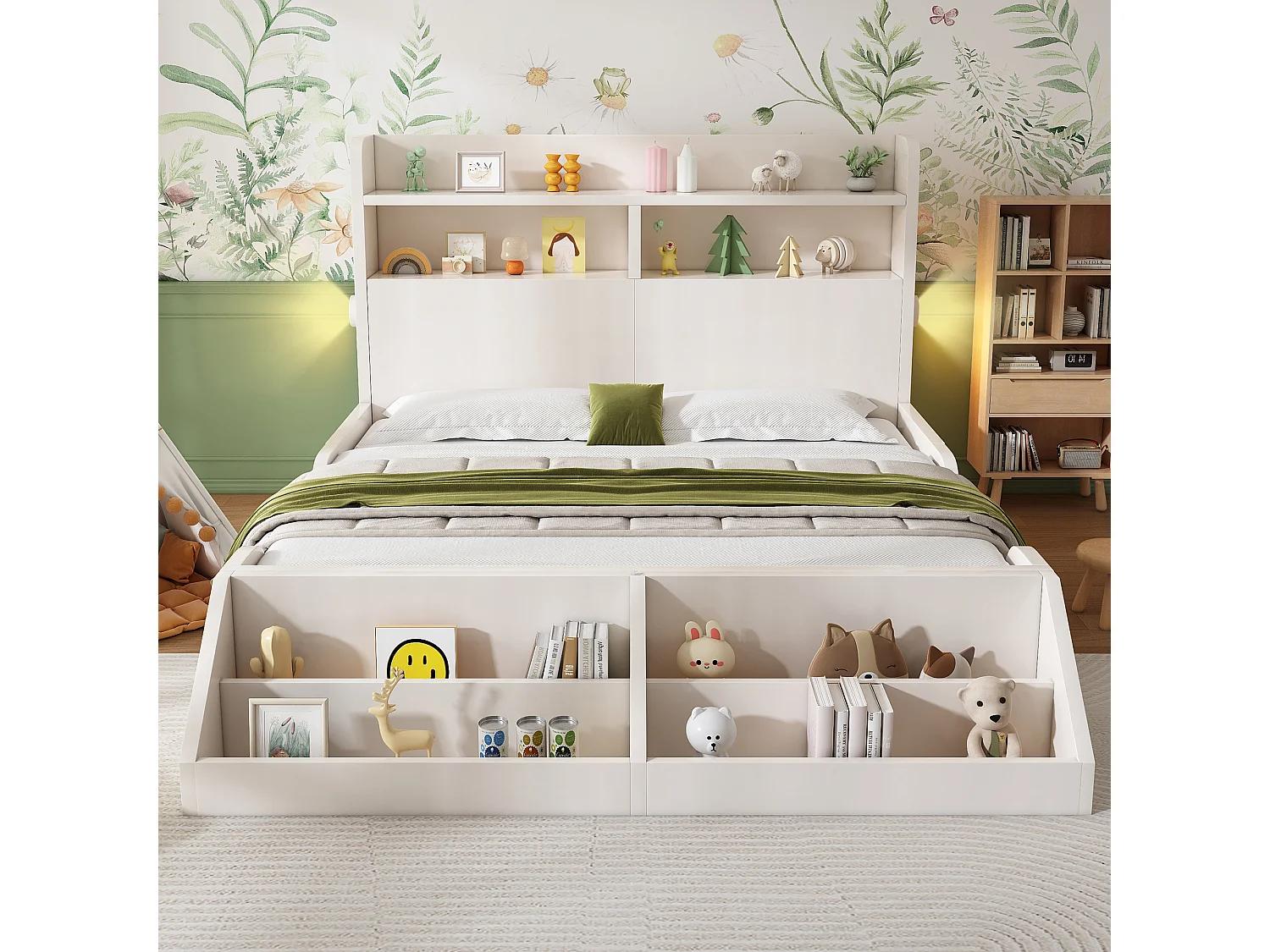 Lit enfant 140x200cm - avec bibliothèque amovible - tête de lit avec étagère - avec veilleuse - Blanc (matelas non inclus)