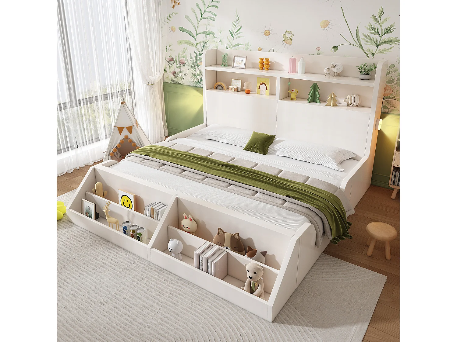 Lit enfant 140x200cm - avec bibliothèque amovible - tête de lit avec étagère - avec veilleuse - Blanc (matelas non inclus)