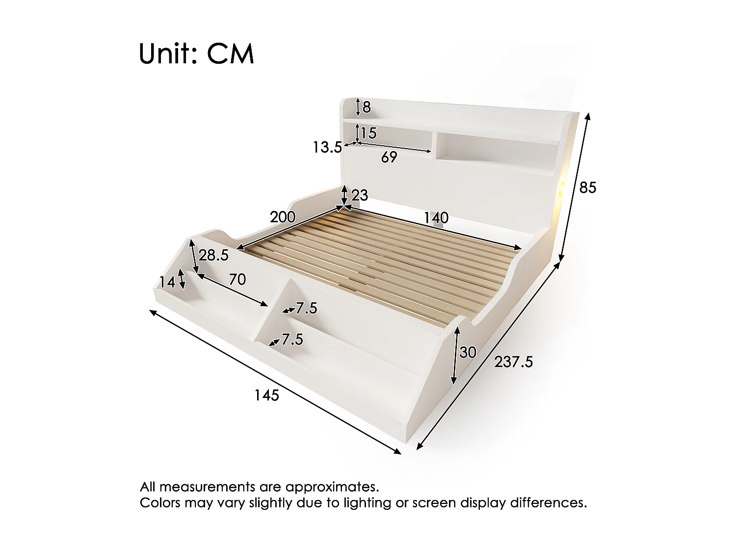 Lit enfant 140x200cm - avec bibliothèque amovible - tête de lit avec étagère - avec veilleuse - Blanc (matelas non inclus)