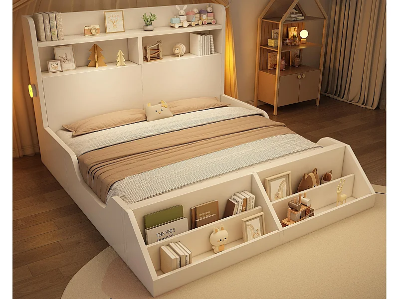 Lit enfant 140x200cm - avec bibliothèque amovible - tête de lit avec étagère - avec veilleuse - Blanc (matelas non inclus)