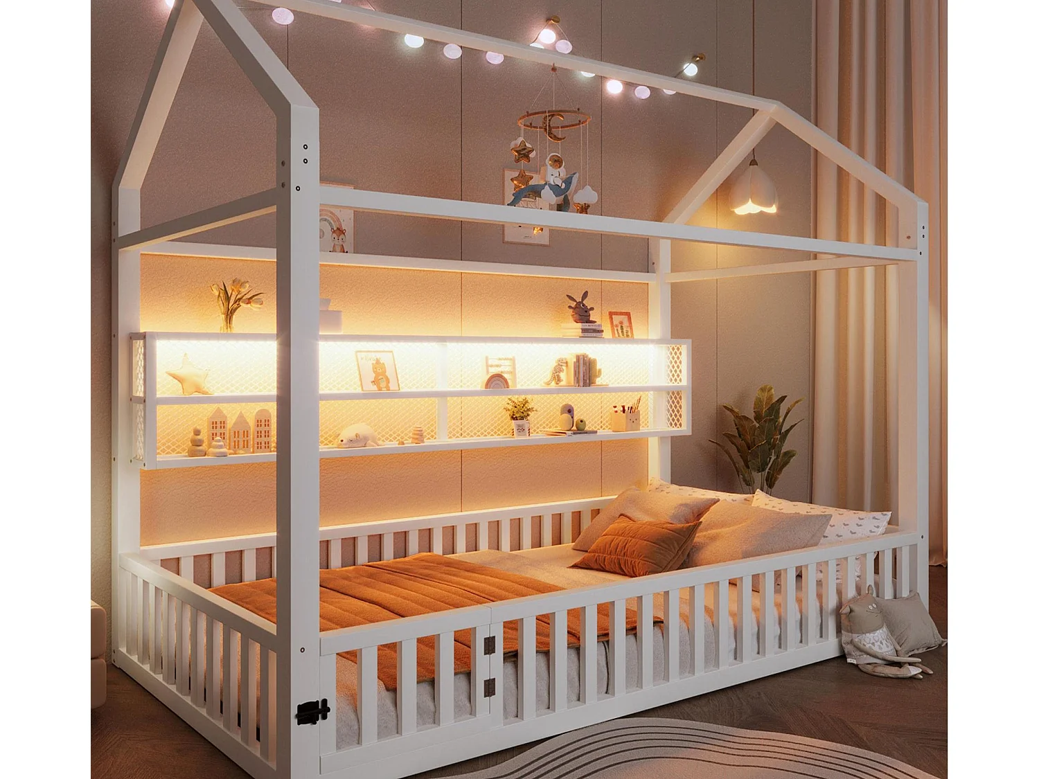 Kinderbett aus Metall 90x200 cm - Haus-Motiv - mit Sicherheitsgitter - mit LED-Lichtern - Weiß​ (Matratze nicht inbegriffen)